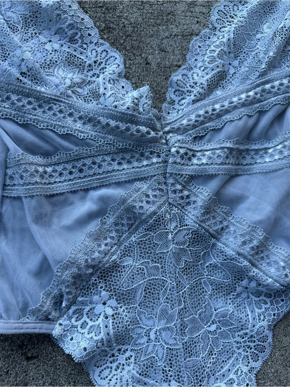 Mapale Blue Lace Plunge V Neck Bodysuit